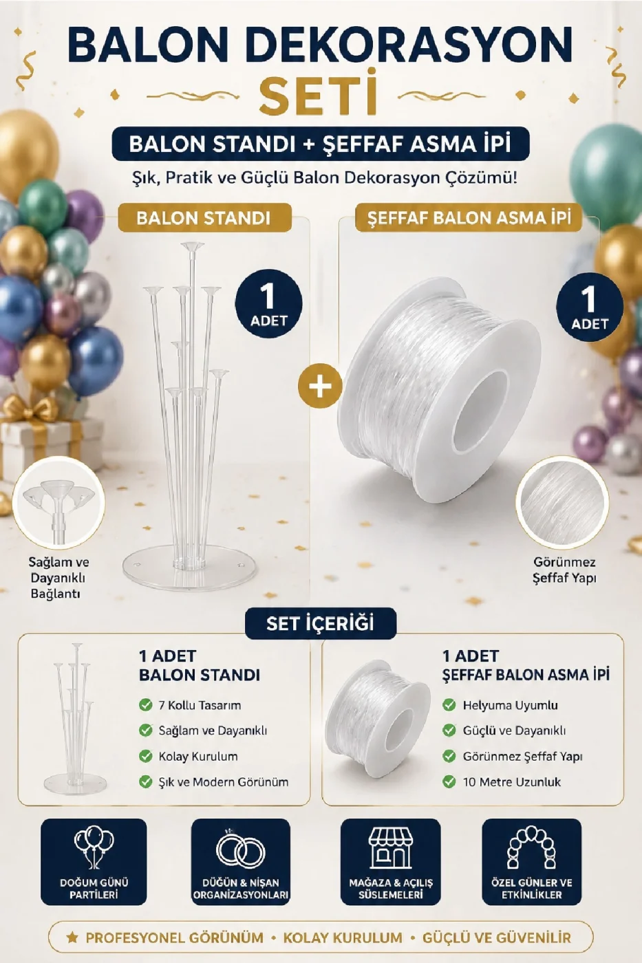 2'li Şeffaf Balon Standı Seti | 7 Kollu Balon Standı + 10 Metre Şeffaf Asma İpi | Doğum Günü, Baby Shower, Nişan ve Organizasyonlar İçin Parti Aksesuarı Parti Seti Süsü