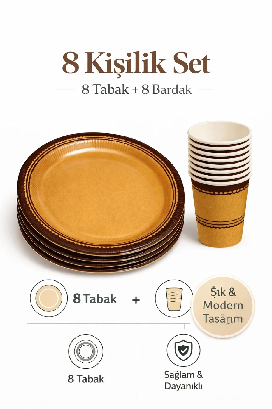 Retro Elegant Bej Parti Seti – 8 Tabak 8 Bardak gorsel 2