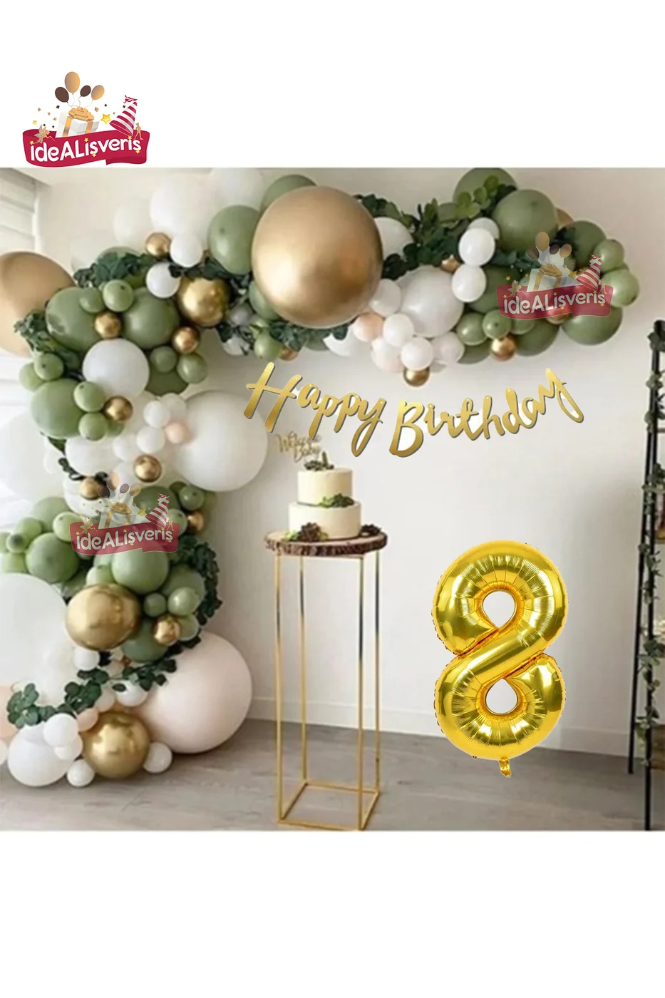 8 Yaş Happy Kaligrafi Yazılı Küf Yeşili Gold Beyaz Balon Zinciri Seti Doğum Günü Parti Seti Süsü gorsel 3