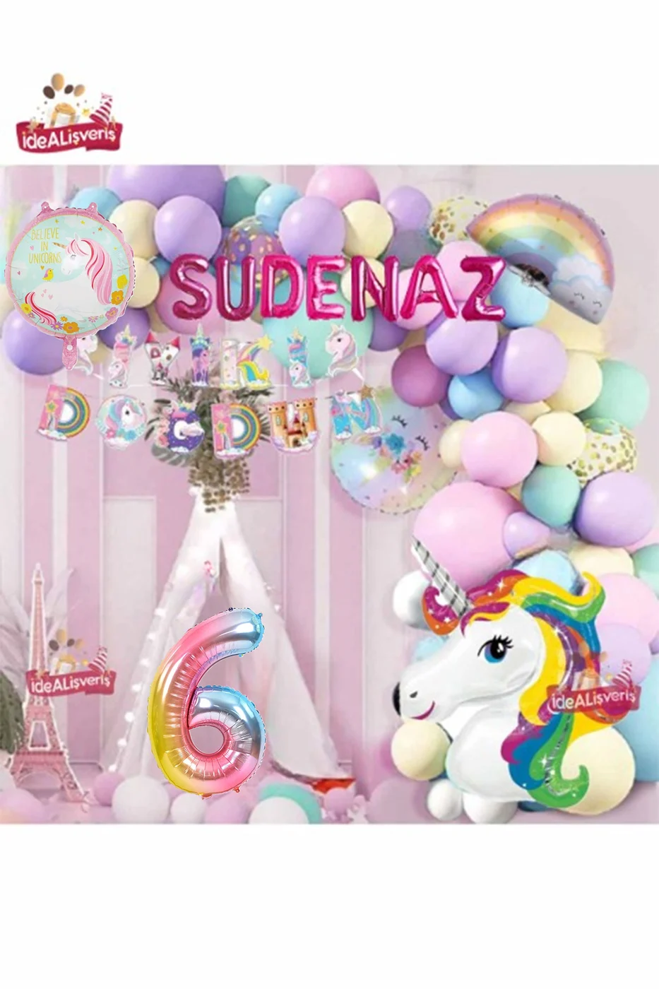 7 Harfli Yaş Unicorn Temalı Iyi Ki Doğdun Makaron Balon Doğum Günü Parti Kutlama Seti Süsü
