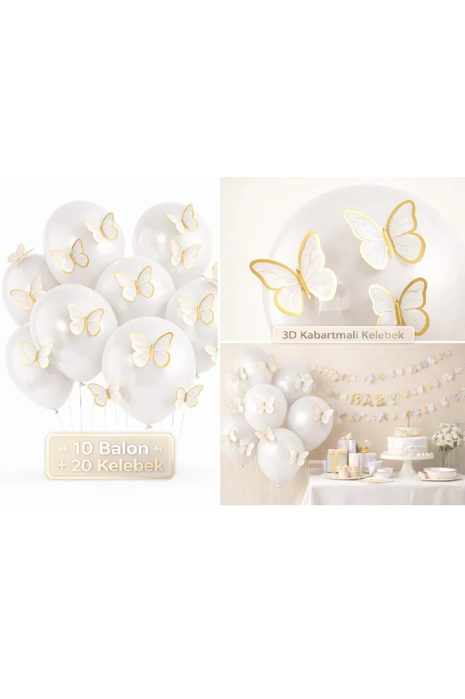 Soft 3D Kelebekli Balon Seti – 10 Balon + 20 Kelebek Doğum Günü Parti Seti Süsü gorsel 2