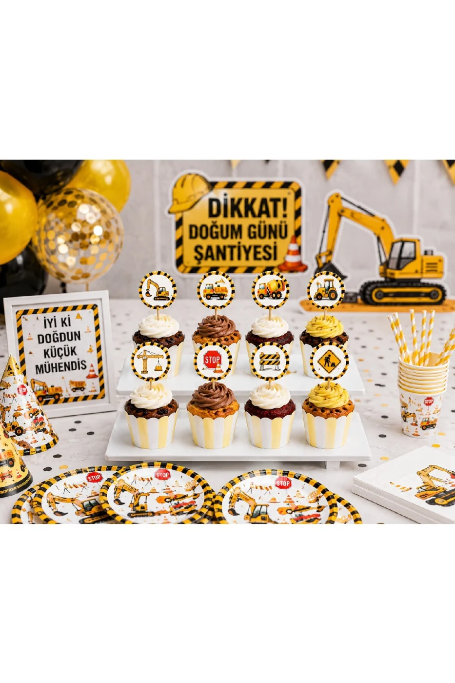 İnşaat Temalı Cupcake Seti 16 Parça – 8 Cupcake Kalıbı + 8 İş Makinesi Kürdan Süs Doğum Günü Parti Malzemesi gorsel 4