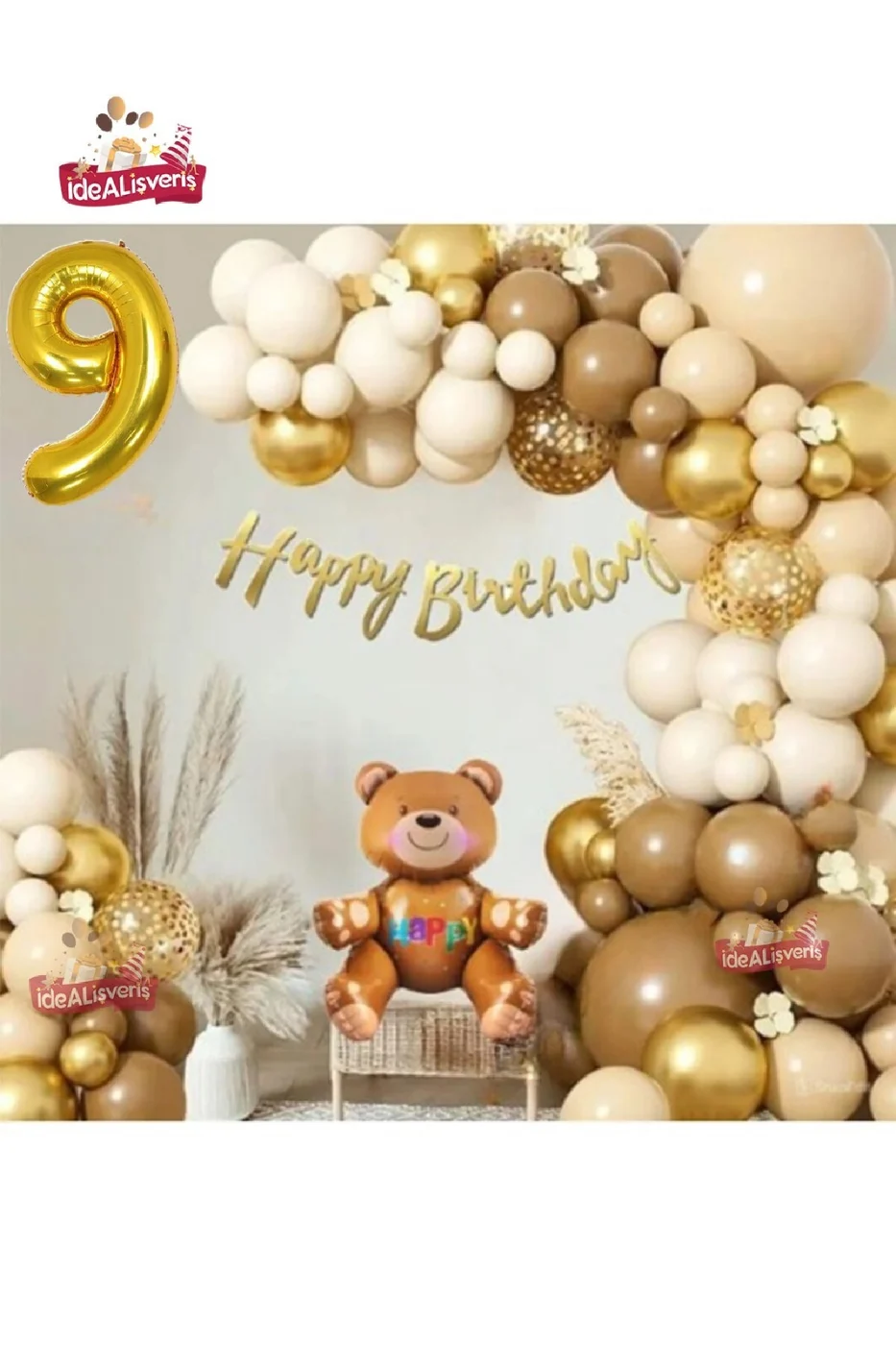 GOLD  RETRO RENK OTURAN AYI FOLYO BALONLU BALON ZİNCİR SET DOĞUM GÜNÜ PARTİ SETİ SÜSÜ
