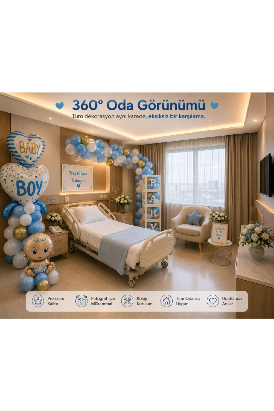 Hoş Geldin Bebek Hastane Odası Süsleme Seti | Erkek & Kız Bebek Dekorasyon Seti | BABY Kutu Seti, Baby Boy/Girl Balon, Bebek Folyo, Balon Zinciri | Premium Fotoğraf Çekim Konsepti gorsel 6