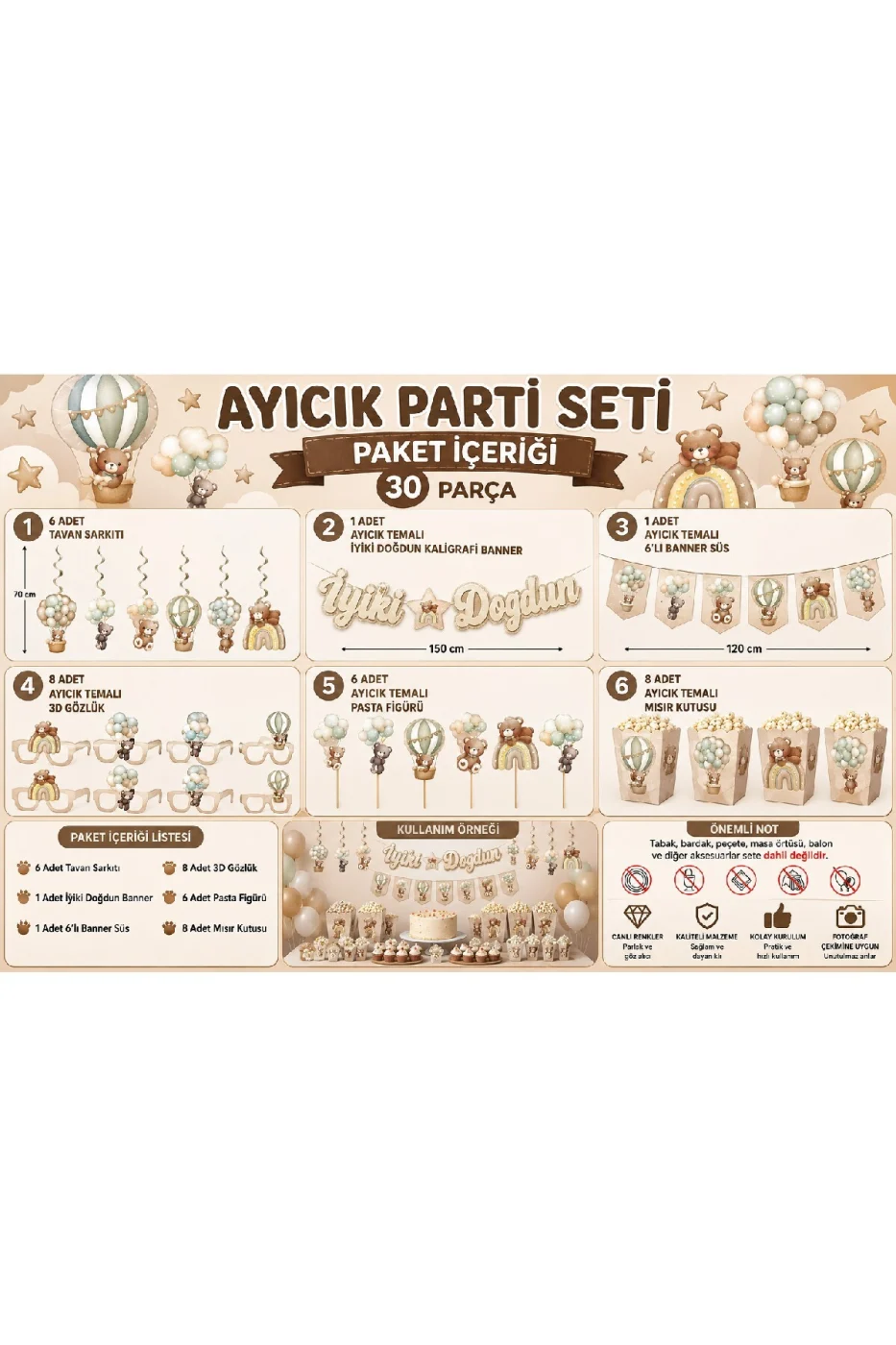 Ayıcık Parti Seti 30 Parça Teddy Bear İyi Ki Doğdun Doğum Günü Süsleri Banner Gözlük Pasta Figürü Mısır Kutusu Bebek Parti Konsepti gorsel 2