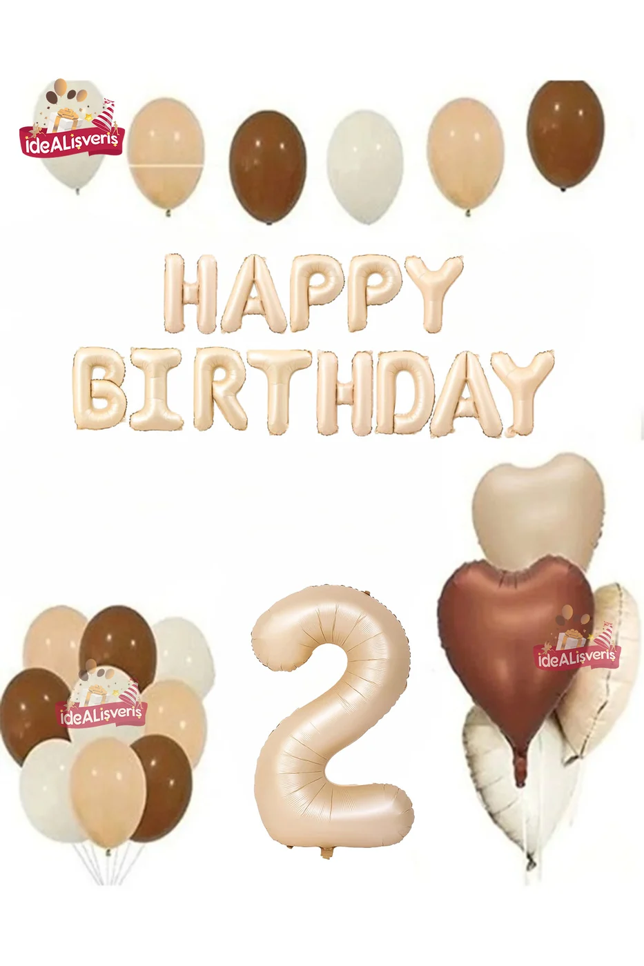 Happy Birthday 2 Yaş Bej Folyo Balon Kahverengi Beyaz Bej Doğum Günü Parti Seti