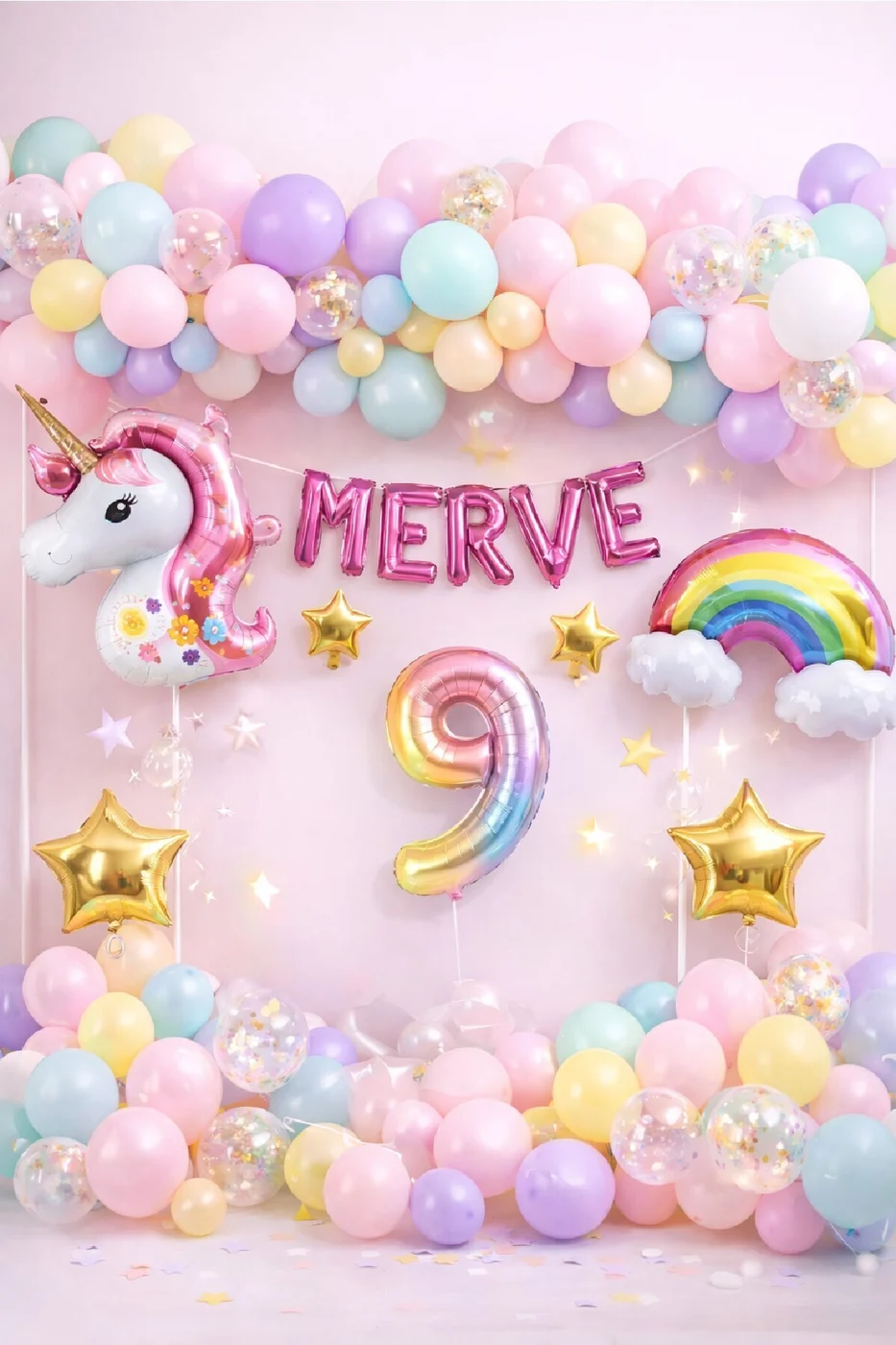 5 Harfli Kişiye Özel Unicorn Doğum Günü Süsü Pastel Balon Zinciri Gökkuşağı Unicorn Balon Parti Seti
