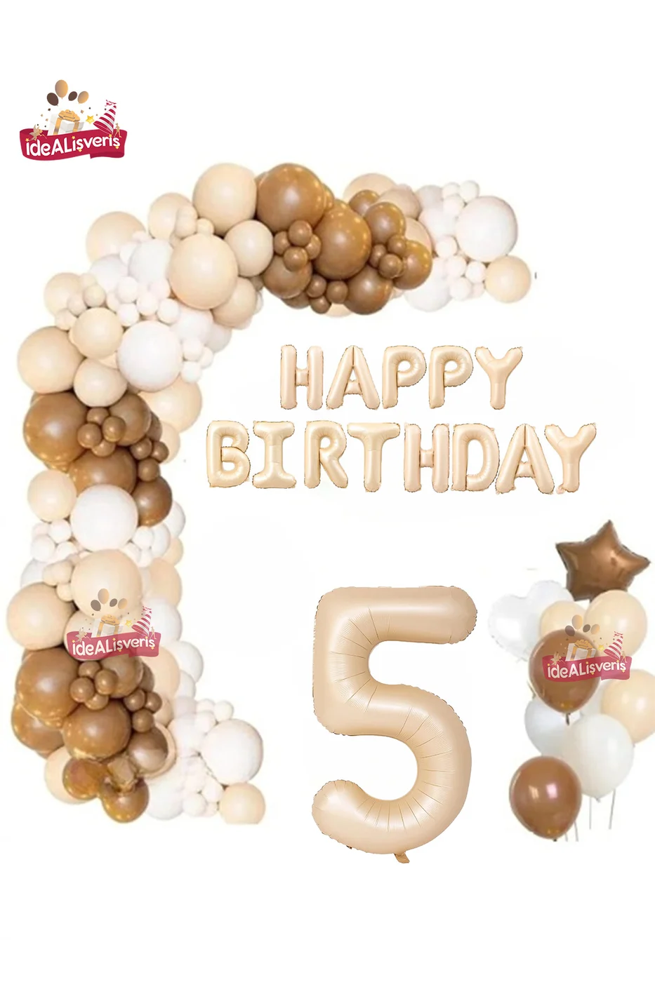 Bej Happy Birthday 5 Yaş Folyo Balon Bej Beyaz Kahverengi Konsept Doğum Günü Parti Seti