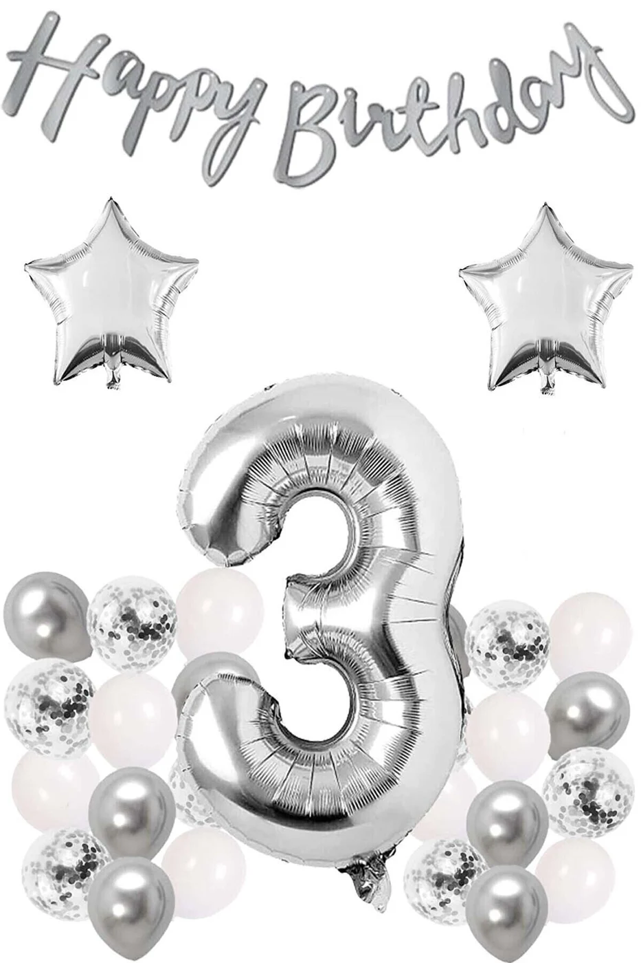 Gümüş Konsept Doğum Günü Kutlama Seti Beyaz Gümüş Konfetili Balon Rakam Yıldız Folyo Ve Banner