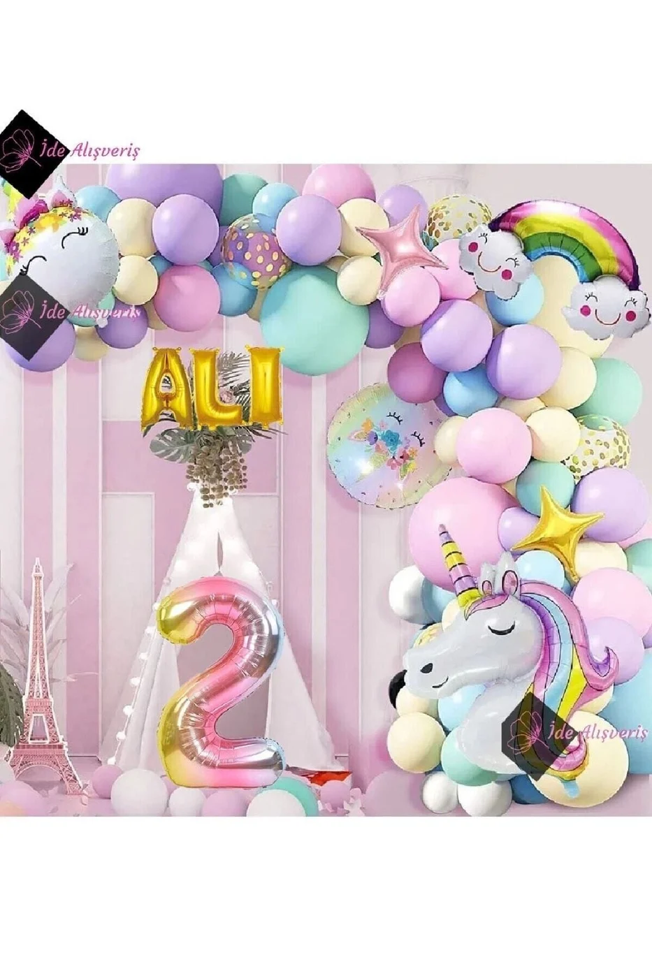 2 Yaş Ve 3 Harfli Gökkuşağı Konsepti Unicorn Temalı Makaron Balon Doğum Günü Parti Kutlama Seti