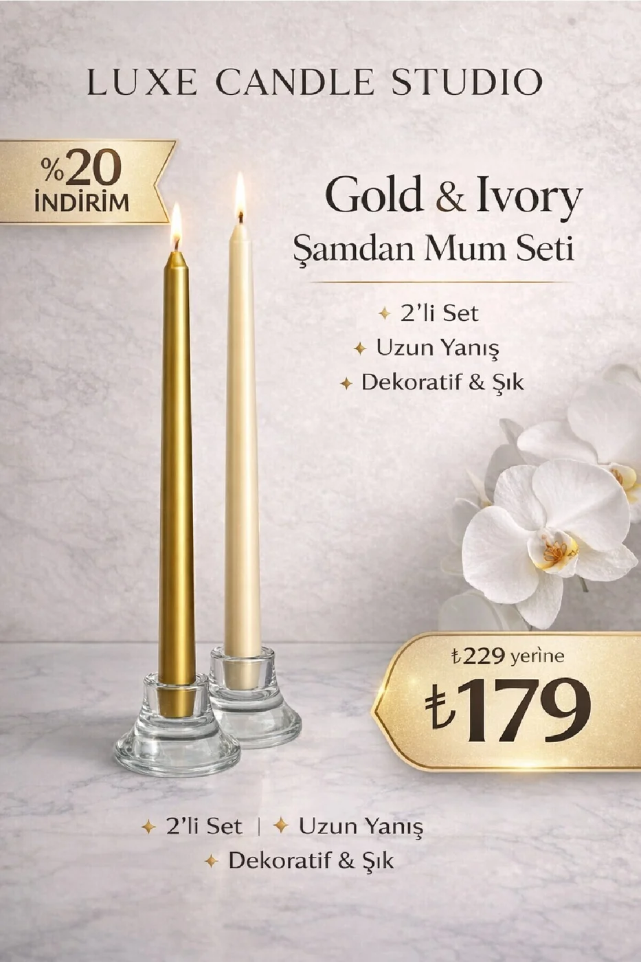 LUXE Şamdan Mum Seti 2’li Gold / Ivory / Silver Dekoratif Uzun Şamdan Mum gorsel 3
