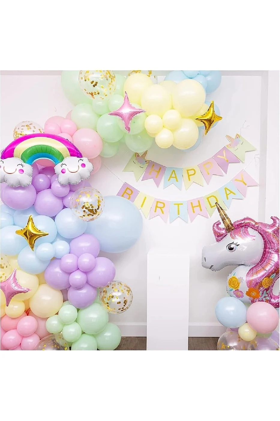 Gökkuşak Unicorn Temalı Pastel Doğum Günü Süsleme Seti Balon Zincirli Deluxe Parti Seti Konsepti