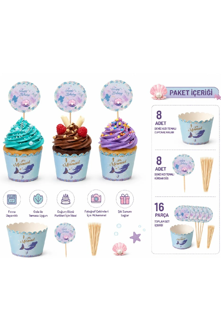 Deniz Kızı Mermaid Cupcake Süsleme Seti 8 Cupcake Kalıbı + 8 Kürdan Süs Doğum Günü Parti Malzemeleri gorsel 2