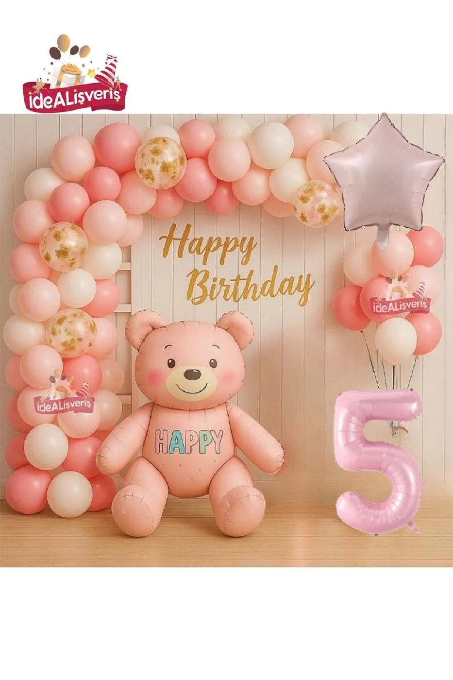 KIZ ÇOCUKLAR İÇİN PEMBE YAŞ AYICIK FOLYO BALONLU DOĞUM GÜNÜ PARTİ SETİ SÜSÜ gorsel 4
