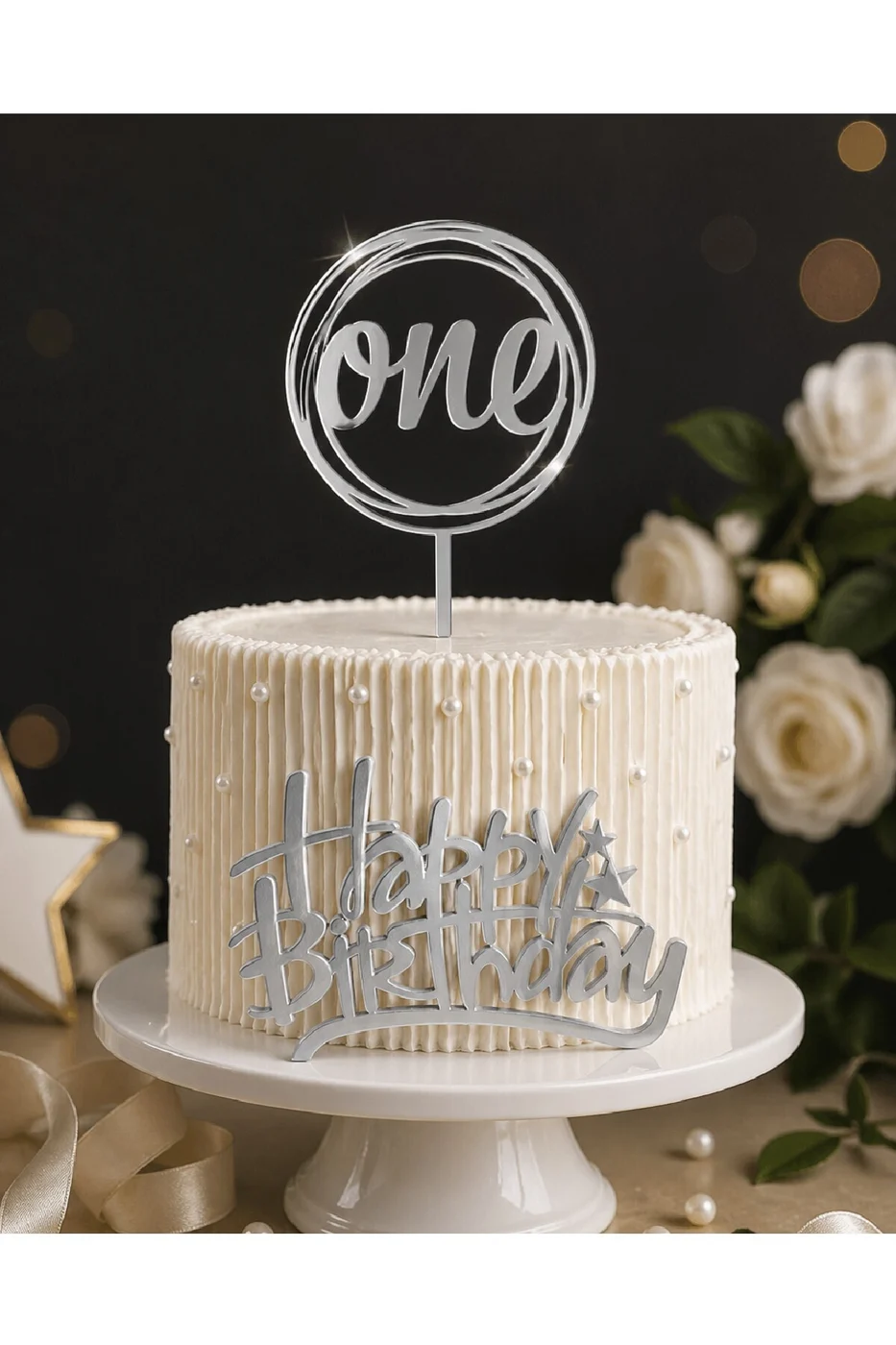 1 Yaş One Pasta Süsü Seti Pleksi Gold & Gümüş Happy Birthday Pasta Önü Yazı Dekor