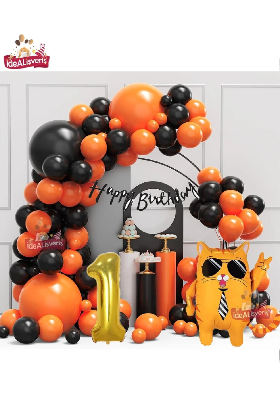 GOLD YAŞ FOLYO GÖZLÜKLÜ SEVİMLİ KEDİ FOLYO BALONLU SİYAH HAPPY BIRTHDAY DOĞUM GÜNÜ PARTİ SETİ SÜSÜ gorsel 3