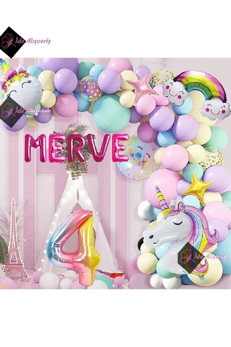 5 Harfli 4 Yaş Gökkuşağı Konsepti Unicorn Temalı Makaron Balon Doğum Günü Parti Kutlama Seti gorsel 3