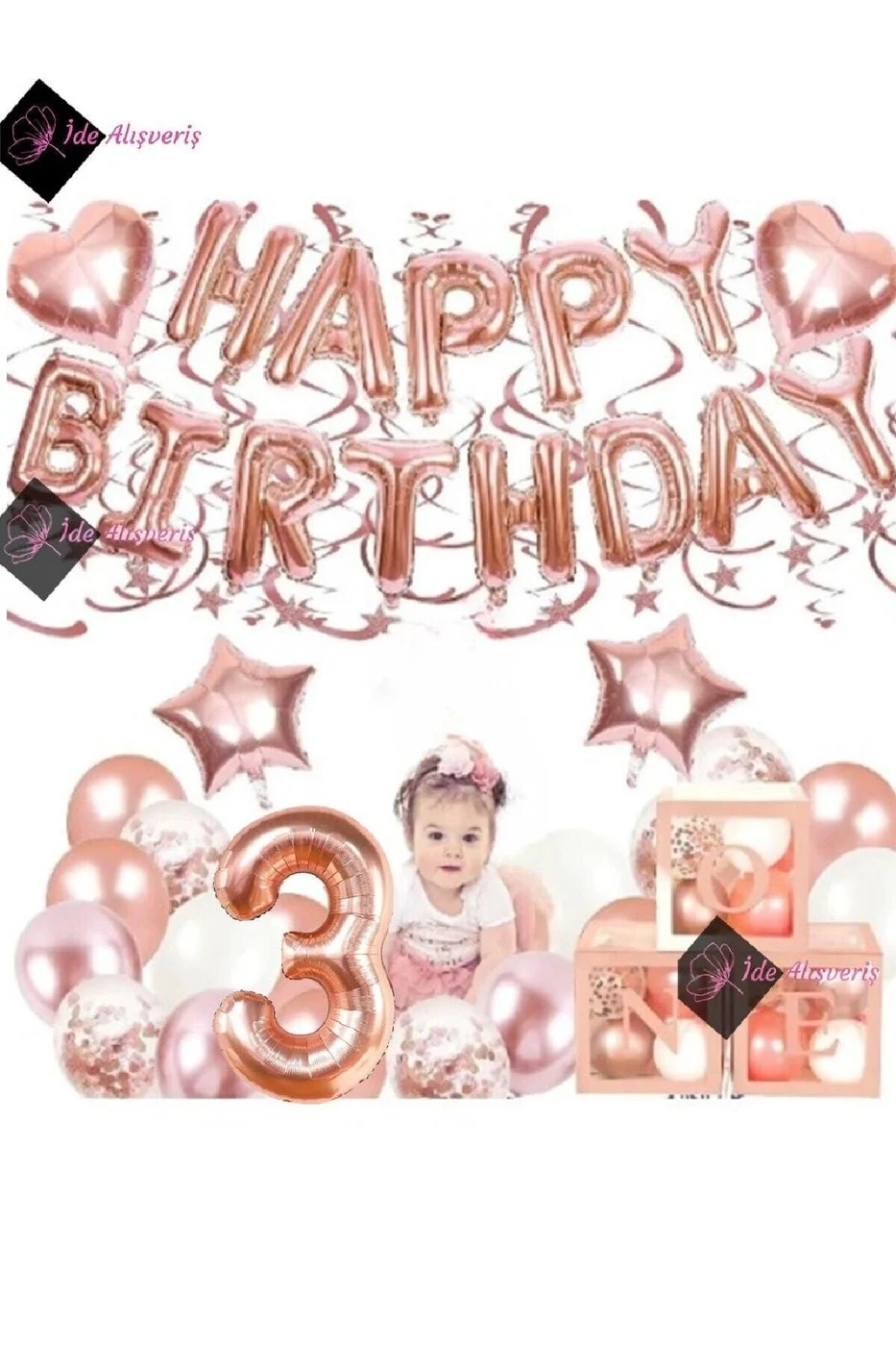 Rose Gold 3 Yaş Balon Zinciri Doğum Günü Seti Iyi Ki Doğdun Doğum Günü Seti gorsel 2