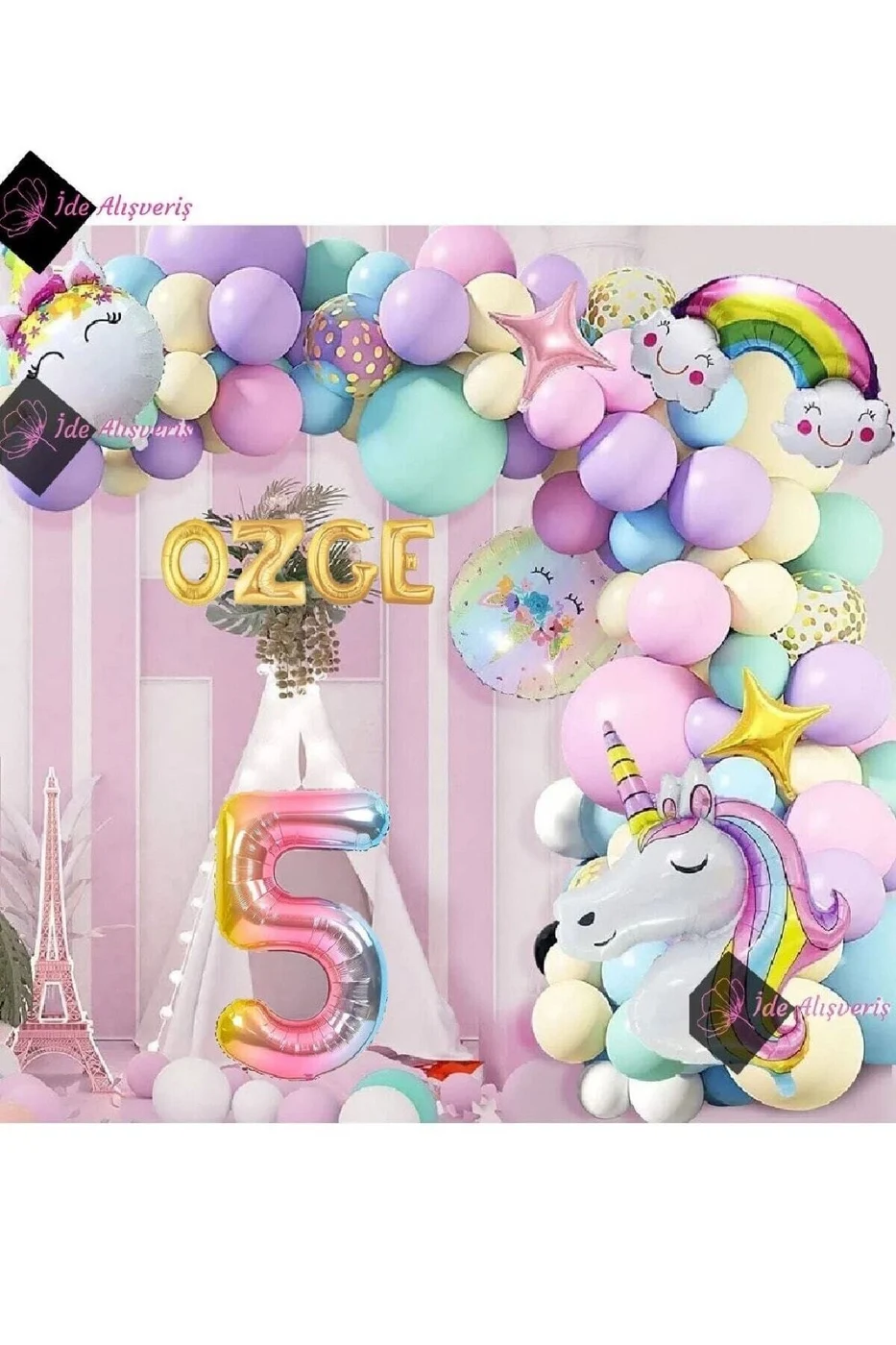 4 Harfli 5 Yaş Gökkuşağı Konsepti Unicorn Temalı Makaron Balon Doğum Günü Parti Kutlama Seti gorsel 3