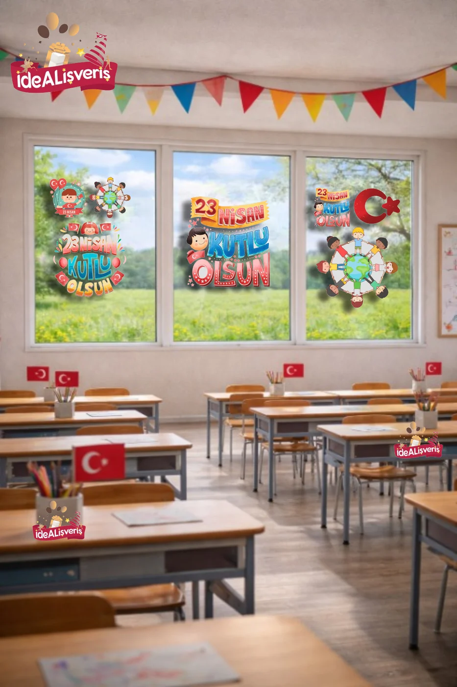 23 Nisan Cam Sticker Seti – Sınıf Pencere Süsleme (3’lü Set)