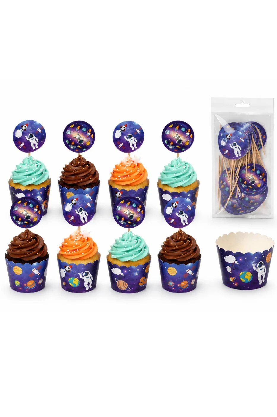 Uzay Temalı Cupcake Kalıbı ve Kürdan Seti 16 Parça | 8 Cupcake Kalıbı + 8 Uzay Cupcake Süsü | Astronot Roket Doğum Günü Parti Süsleri