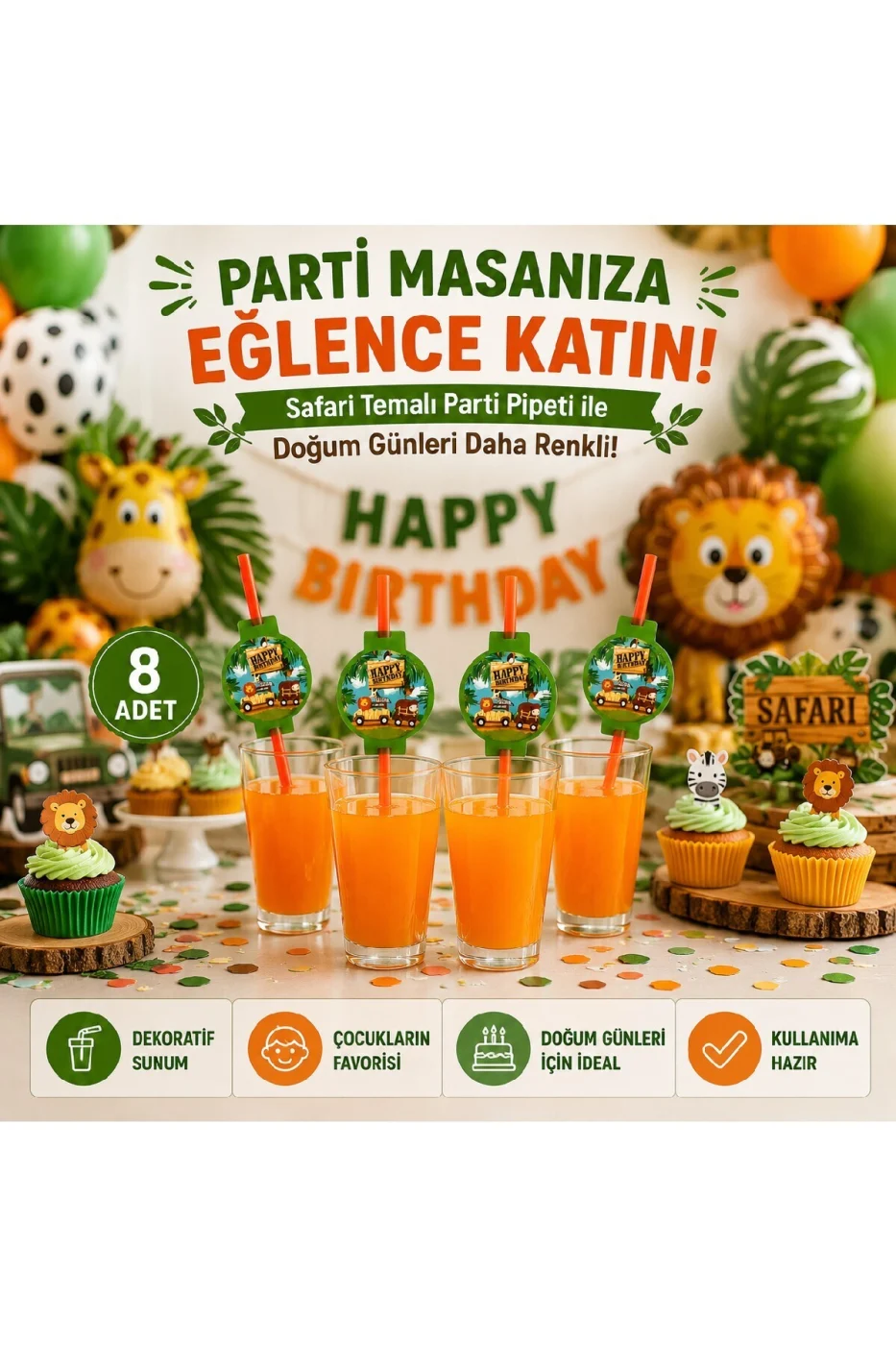 Safari Doğum Günü Parti Pipeti 8 Adet | Dekoratif Pipet Seti | Parti Konsept Malzemesi gorsel 4