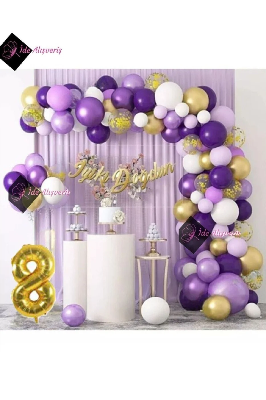 8 Yaş Macaron Mor Balon Zinciri Seti Gölge Mor Altın Balon Dekorasyon