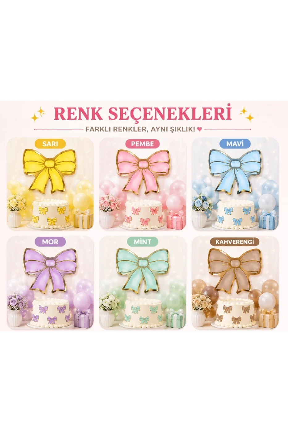 Renk Seçenekli Fiyonk Balon ve Pasta Dekor Fiyonk Seti 12 Adet Büyük & Küçük Boy Parti Süsü Baby Shower Doğum Günü Seti Süsü gorsel 7