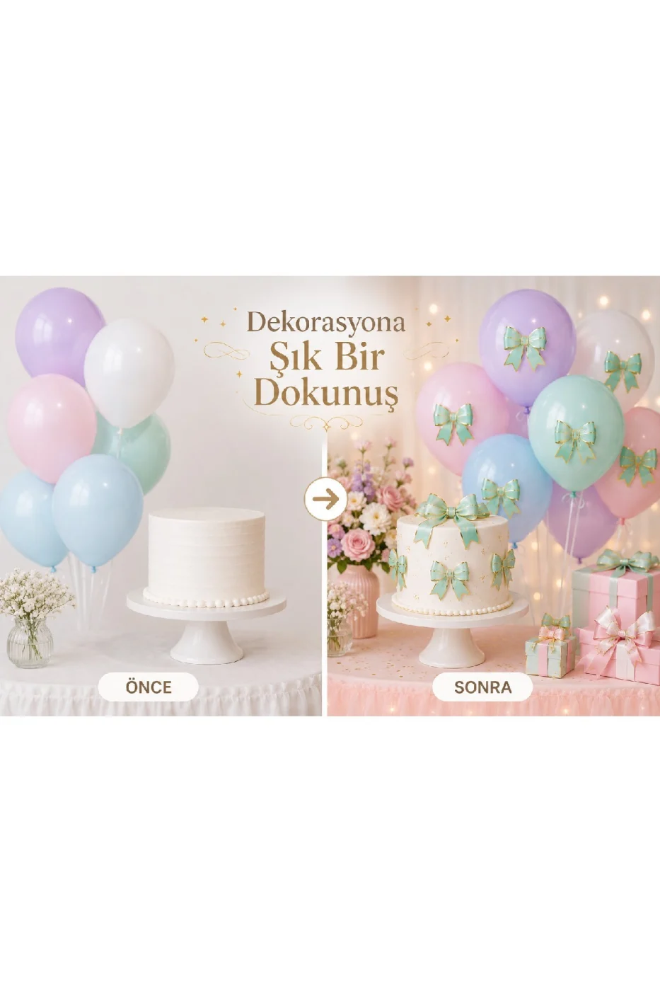 Renk Seçenekli Fiyonk Balon ve Pasta Dekor Fiyonk Seti 12 Adet Büyük & Küçük Boy Parti Süsü Baby Shower Doğum Günü Seti Süsü gorsel 7