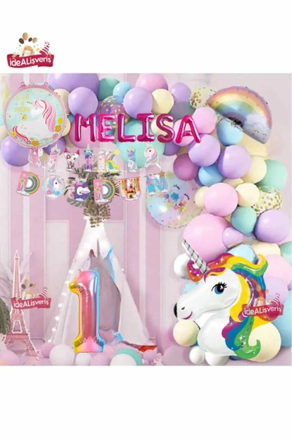6 Harfli Yaş Unicorn Temalı Iyi Ki Doğdun Makaron Balon Doğum Günü Parti Kutlama Seti Süsü gorsel 2