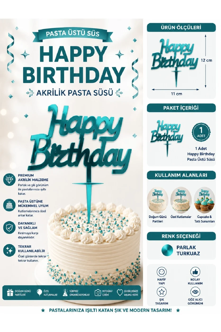 İyiki Doğdun ve Happy Birthday Pasta Üstü Süsü Yazısı Akrilik Parlak Doğum Günü Pasta Yazısı Topper 11x12 cm Doğum Günü Parti Pastası Dekoru gorsel 2