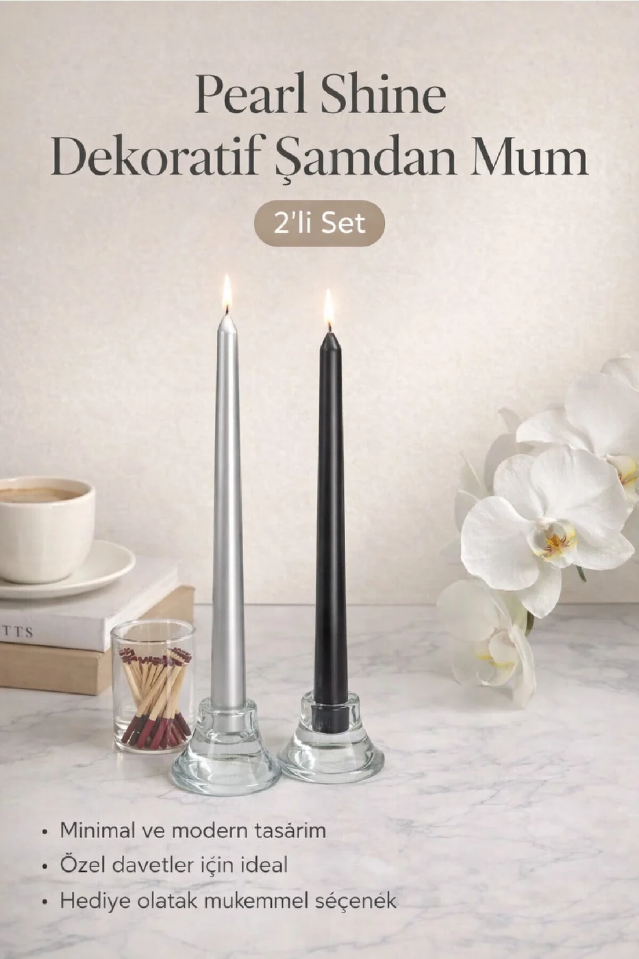 LUXE Şamdan Mum Seti 2’li Gold / Ivory / Silver Dekoratif Uzun Şamdan Mum