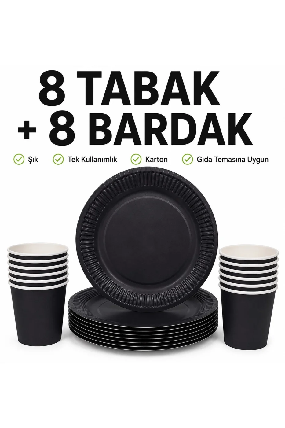 Karton Tabak Bardak Seti 8 Tabak 8 Bardak Tek Kullanımlık Doğum Günü Parti Sofra Seti | Siyah, Yeşil ve Gold Renk Seçenekleri