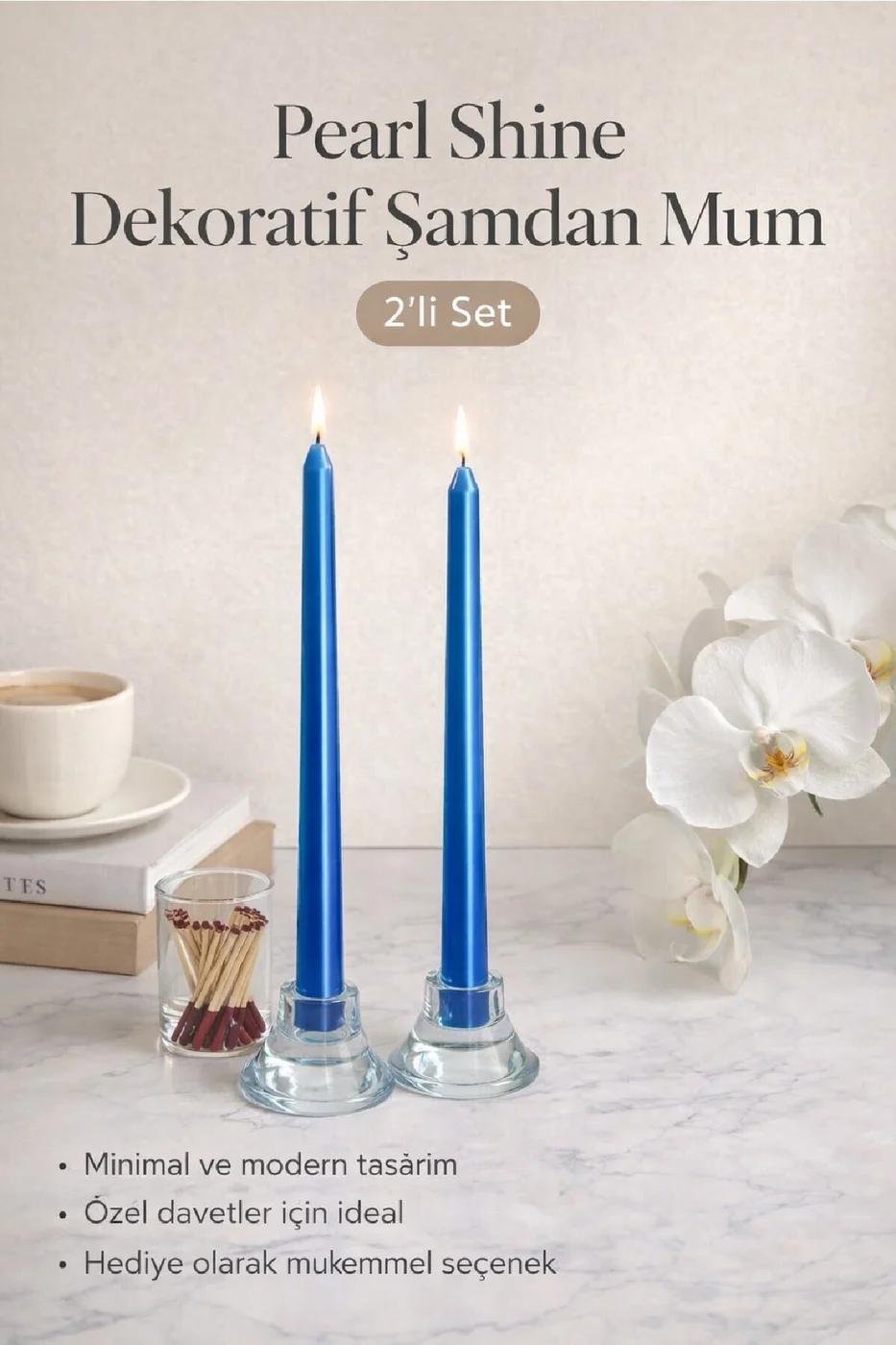 LUXE Şamdan Mum Seti 2’li Gold / Ivory / Silver Dekoratif Uzun Şamdan Mum