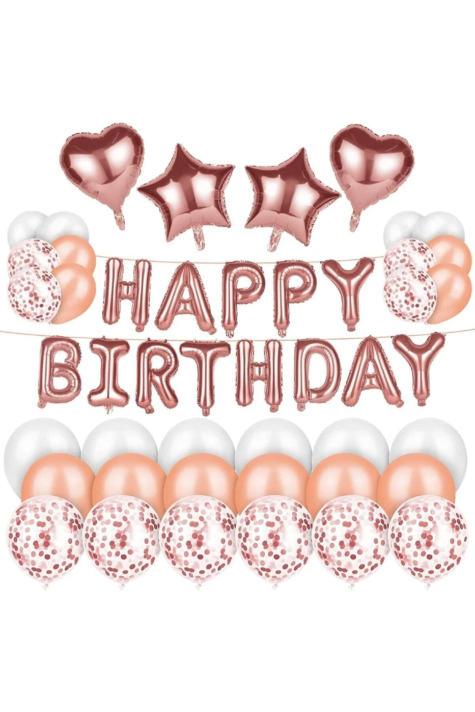 Rose Gold Happy Birthday Folyo Balon Kalpli Yıldızlı Doğum Günü Parti Seti Süsü