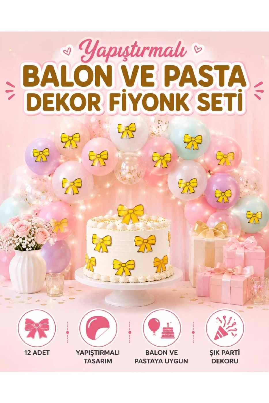 Renk Seçenekli Fiyonk Balon ve Pasta Dekor Fiyonk Seti 12 Adet Büyük & Küçük Boy Parti Süsü Baby Shower Doğum Günü Seti Süsü gorsel 5