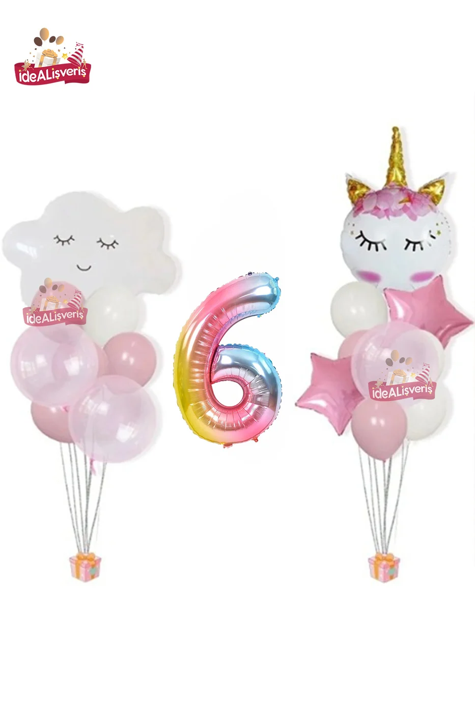 Bulut Eyelash Gökkuşağı 6 Yaş Folyo Pembe Beyaz Balonlu Doğum Günü Parti Seti