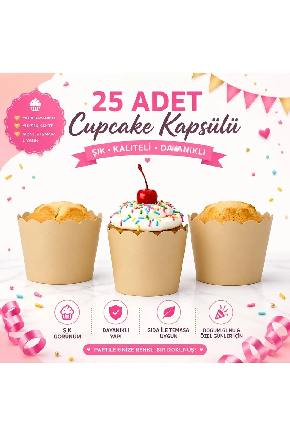 Temalı Desenli Cupcake Kapsülü 25’li – Şık Parti Muffin Kağıdı