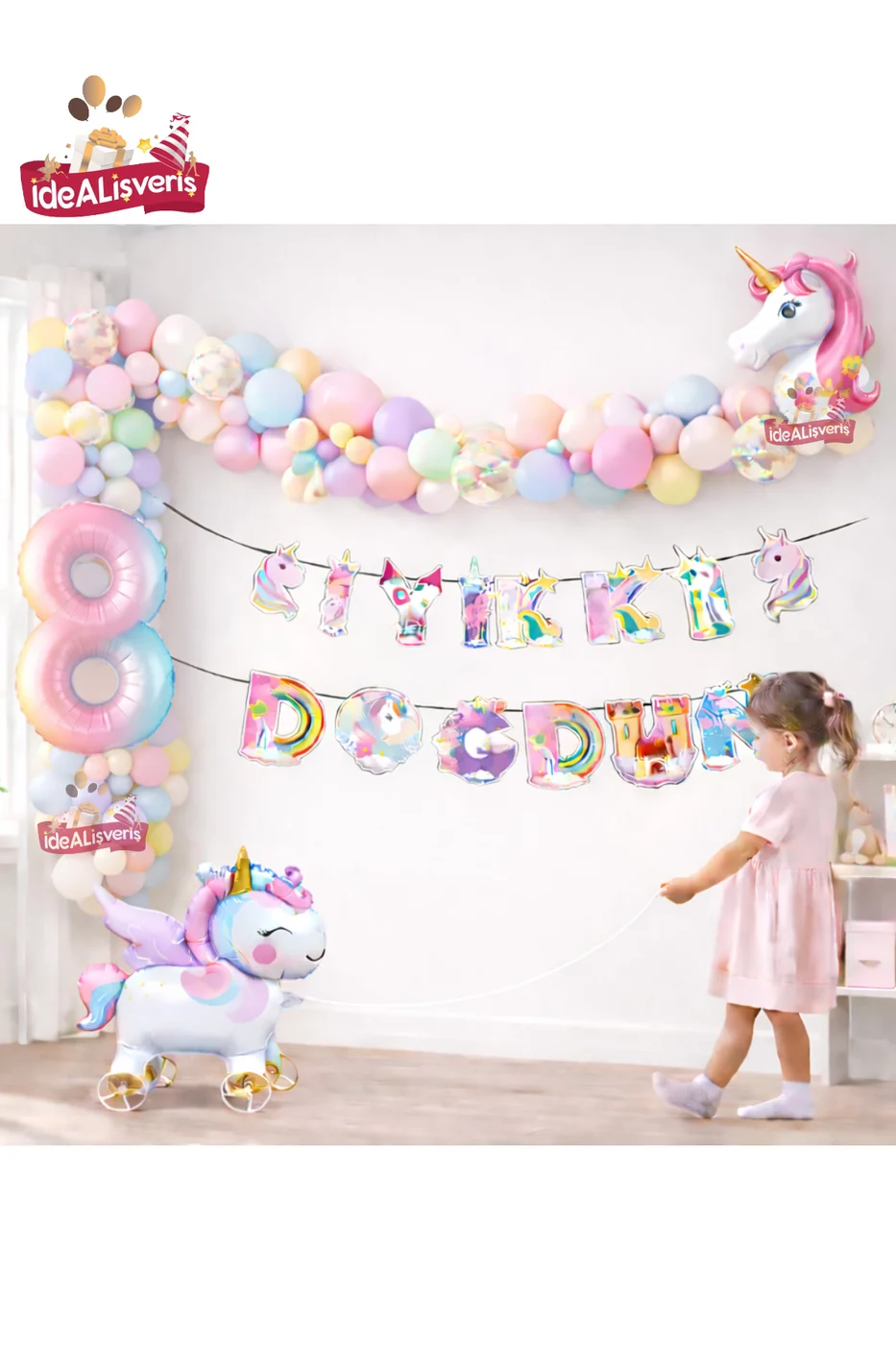 Tekerlekli Unicorn Doğum Günü Konsept Seti – Çekilebilir Folyo Yaş Balonlu Makaron Balon Zinciri