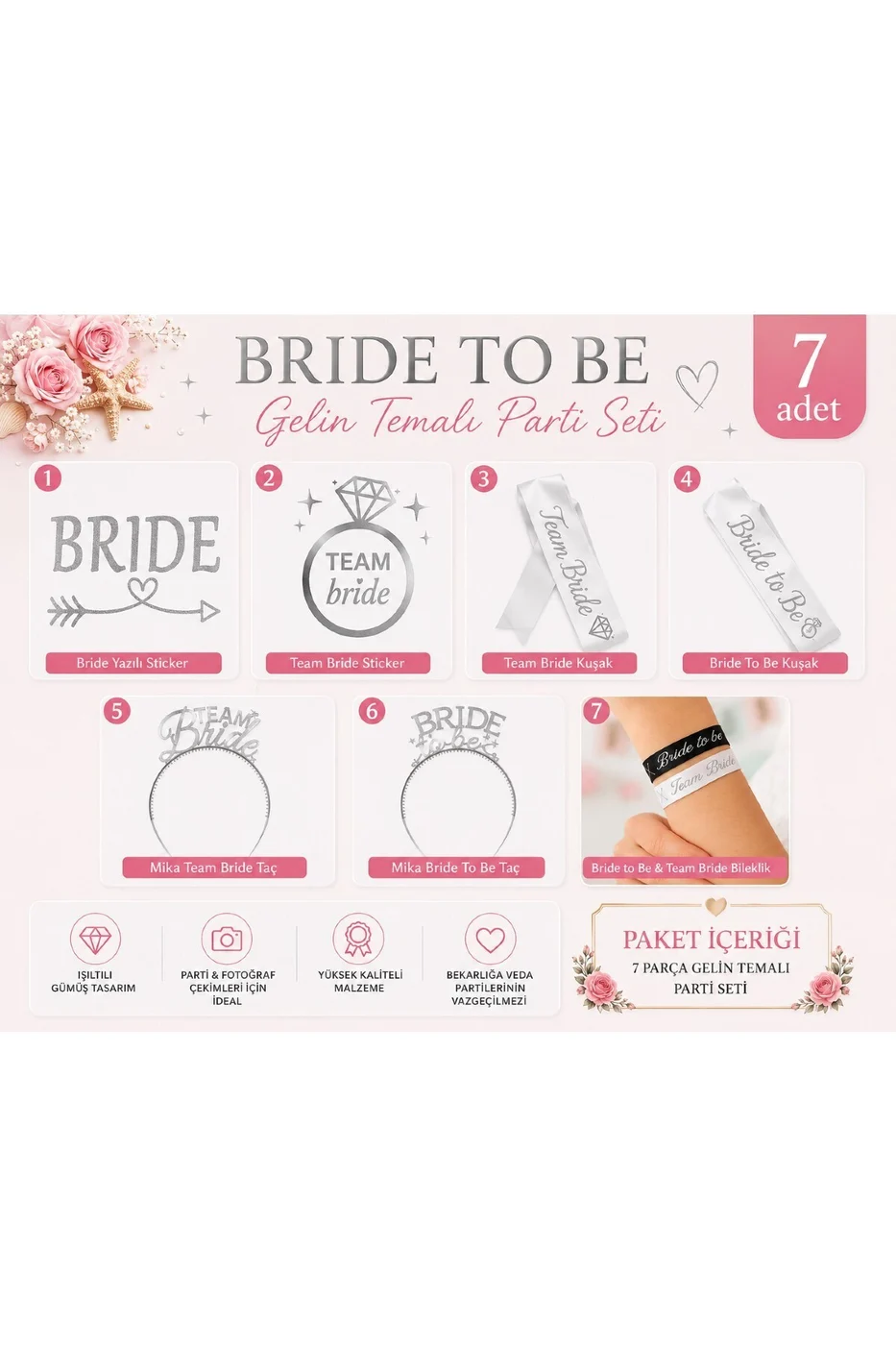 Bride Team Bride 7 Parça Bekarlığa Veda Parti Seti | Bride To Be Taç ve Kuşak, Team Bride Taç, Kuşak, Bileklik ve Dövme Organizasyon Seti