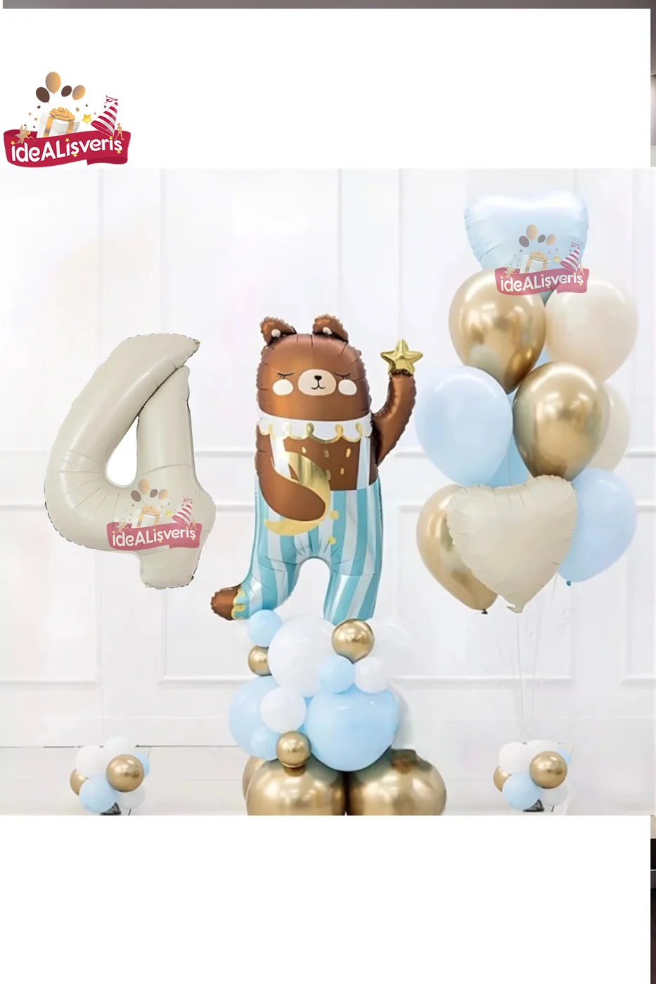 SEVİMLİ TEDDY BEAR AYI FOLYOLU 4 YAŞ KREM FOLYOLU DOĞUM GÜNÜ PARTİ SETİ SÜSÜ