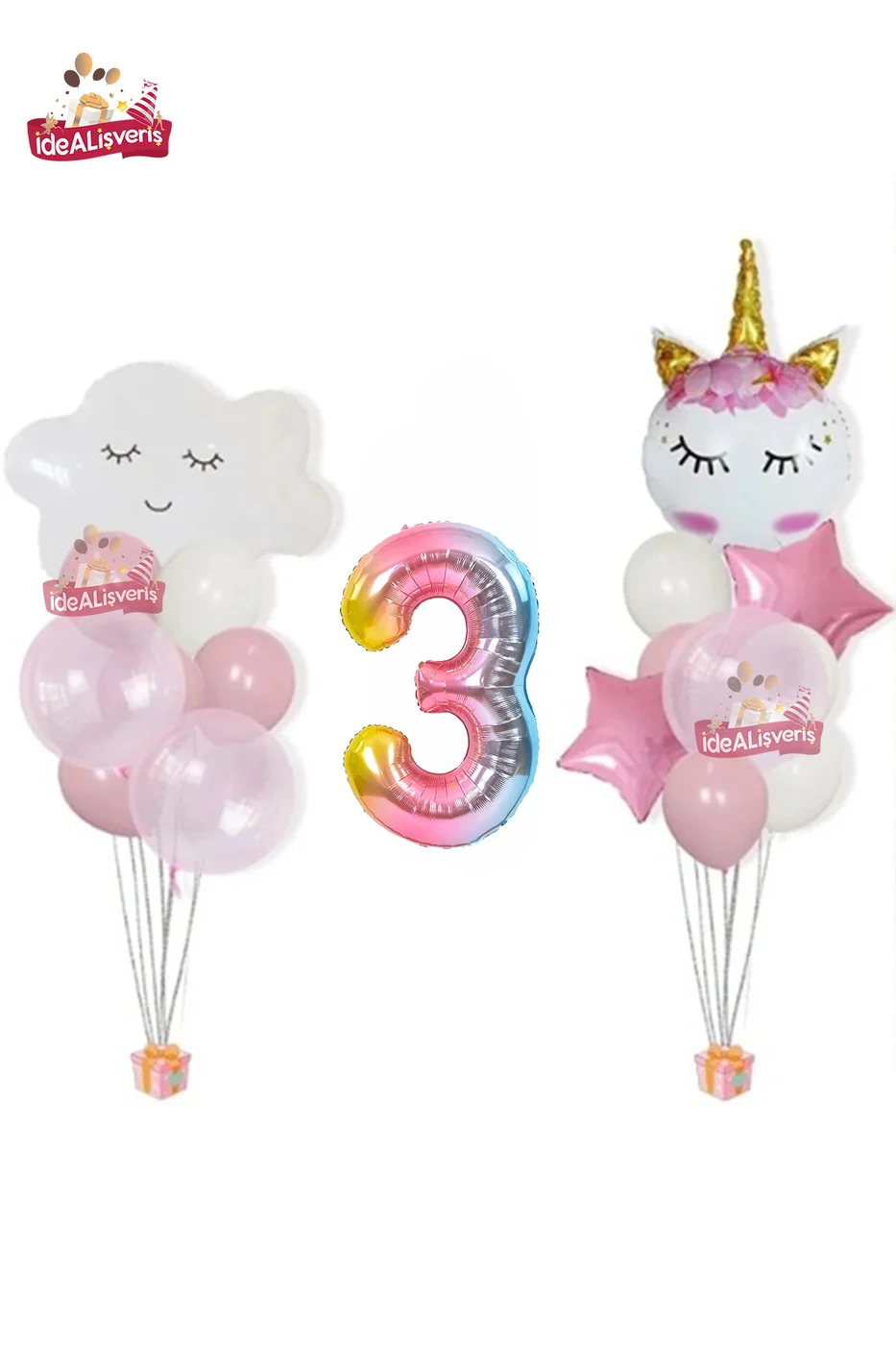 Bulut Eyelash Gökkuşağı 3 Yaş Folyo Pembe Beyaz Balonlu Doğum Günü Parti Seti