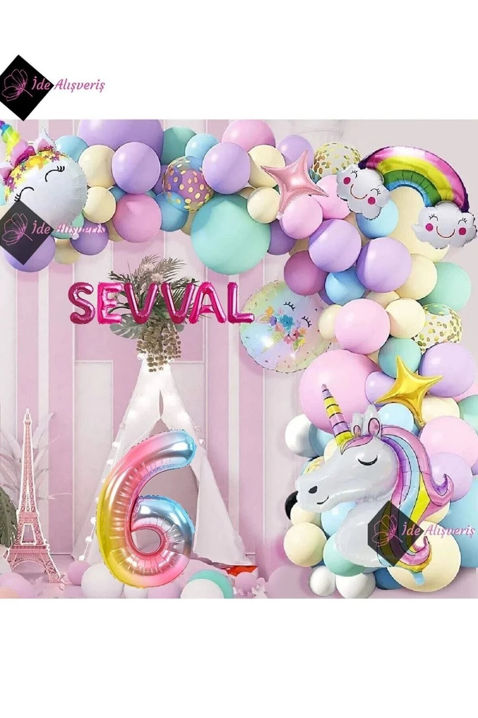 6 Harfli 6 Yaş Gökkuşağı Konsepti Unicorn Temalı Makaron Balon Doğum Günü Parti Kutlama Seti gorsel 4