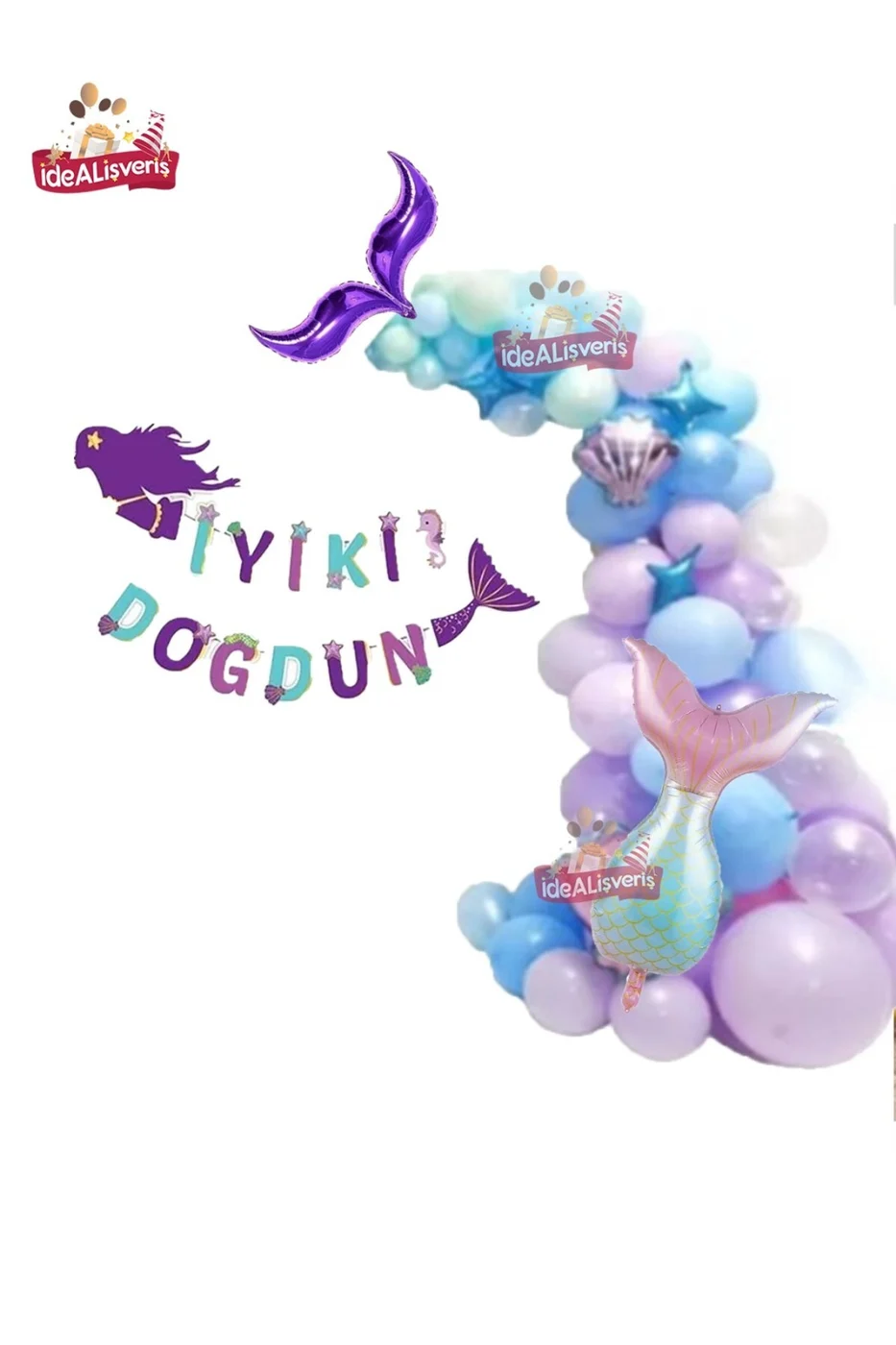 Kız Çocuklar Için Deniz Kızı Bannerlı Mor Kuyruk Balon Folyo Seti Doğum Günü Parti Süsü