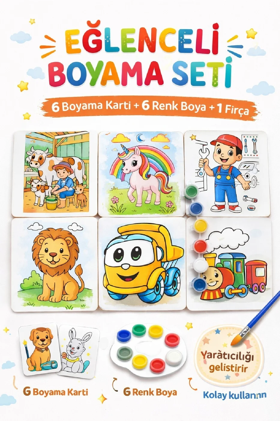 Boyama Kitabı Seti Değil! 6 Parça Kartlı Boyama Seti (Fırça + Boya Dahil) | Çocuk Aktivite Seti gorsel 2