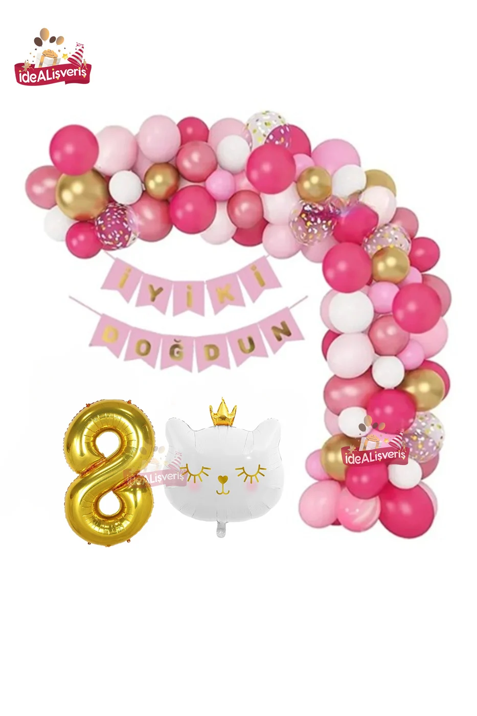 Bannerli Beyaz Kedi 8 Yaş Gold Folyo Balonlu Pembe Gold Beyaz Doğum Günü Parti Seti