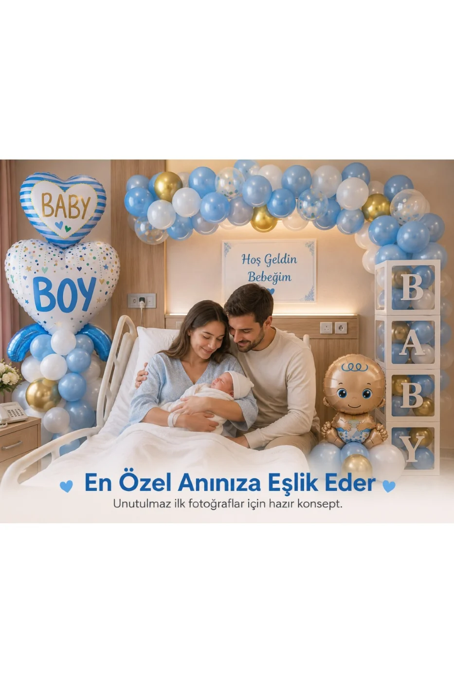 Hoş Geldin Bebek Hastane Odası Süsleme Seti | Erkek & Kız Bebek Dekorasyon Seti | BABY Kutu Seti, Baby Boy/Girl Balon, Bebek Folyo, Balon Zinciri | Premium Fotoğraf Çekim Konsepti gorsel 2