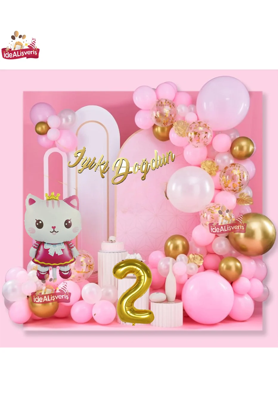 Taçlı Kedi 2 Yaş Folyo Balonlu Gold Pembe Konsept Doğum Günü Parti Seti