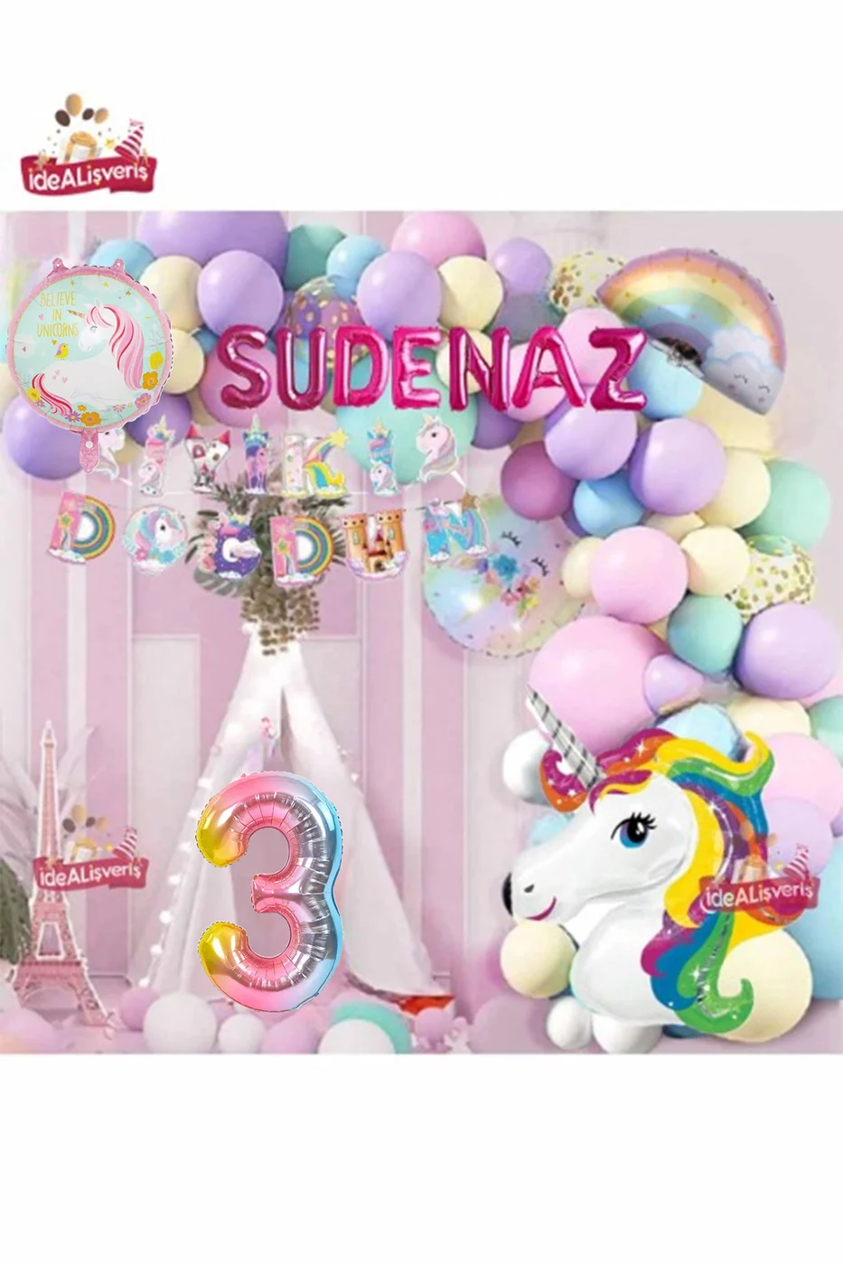 7 Harfli Yaş Unicorn Temalı Iyi Ki Doğdun Makaron Balon Doğum Günü Parti Kutlama Seti Süsü