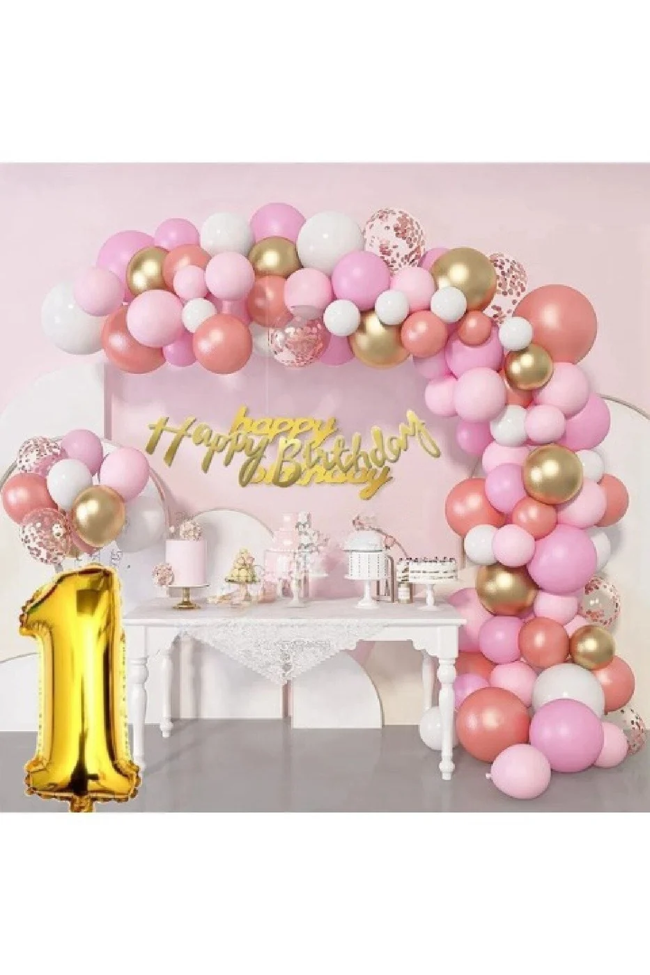 65 Adet Adet Balon Lüks Pembe Rose Gold 1 Yaş Balon Seti gorsel 2